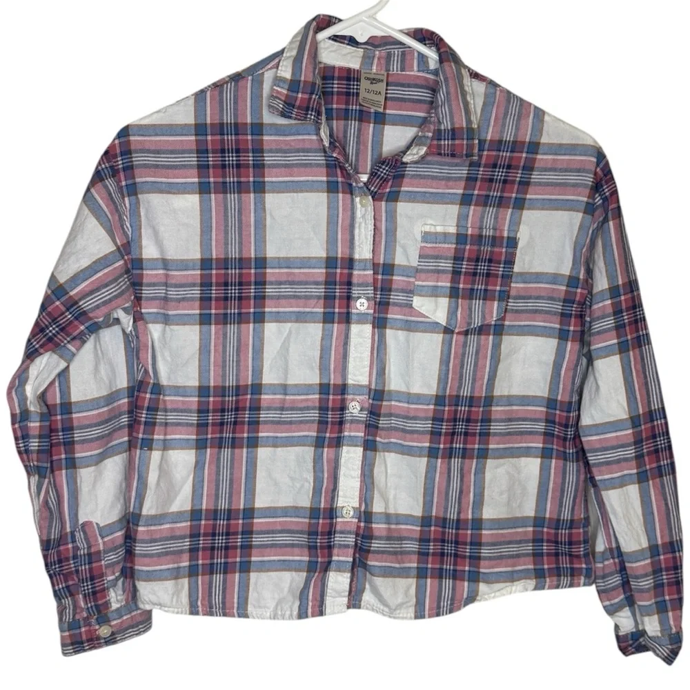 OshKosh B'gosh Plaid Cropped Button Down Shirt - Blue and Pink Girls Size 12/12A